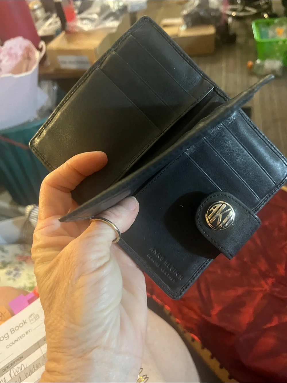 Vintage  Anne Klein Black Leather Wallet with Gold-Tone AK Logo 15